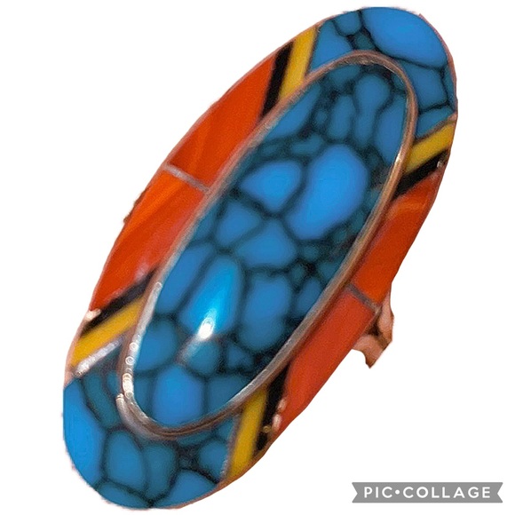 Manuelitc Jewelry - Turquoise & Coral Inlay Sterling Ring